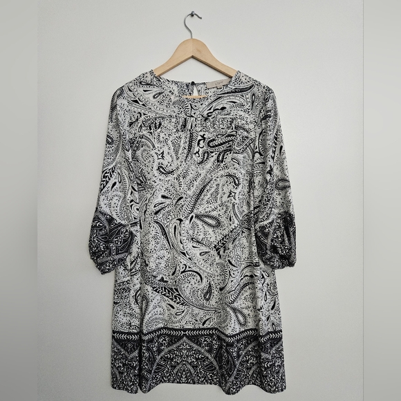 LOFT Black & White Paisley Border Print Midi Dress | Boho Chic Mod Shift - Picture 2 of 6